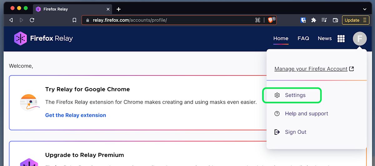 Firefox Relay-instellingenmenu
