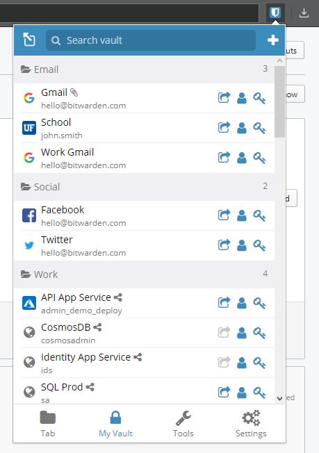 A vault listing showing website icons