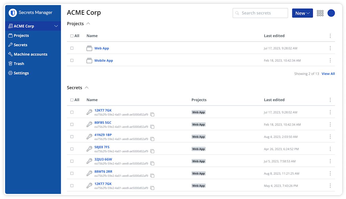 Bitwarden Secrets Manager dashboard